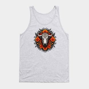 Buffalo Surrounded By A Wreath Of Orange Flowers Tattoo Art Tank Top